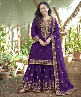 Purple silk blend embroidered sharara set 1