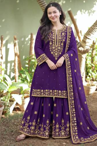 Purple silk blend embroidered sharara set