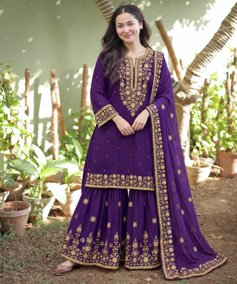 Purple silk blend embroidered sharara set