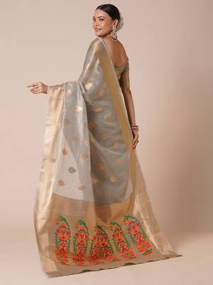 Grey ethnic motifs zari tissue banarasi saree 2