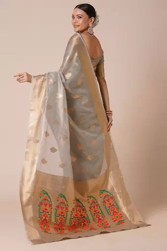 Grey ethnic motifs zari tissue banarasi saree