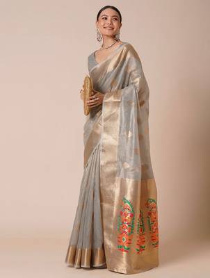 Grey ethnic motifs zari tissue banarasi saree 3