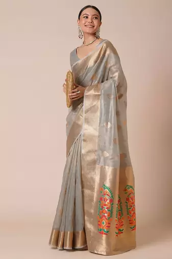 Grey ethnic motifs zari tissue banarasi saree
