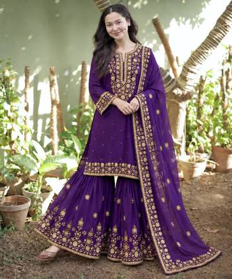 Purple silk blend embroidered sharara set 2