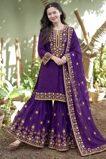 Purple silk blend embroidered sharara set