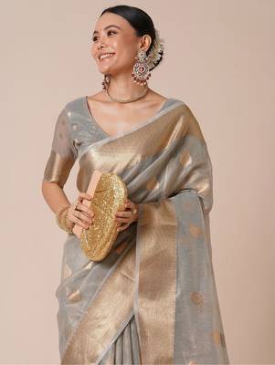 Grey ethnic motifs zari tissue banarasi saree 4