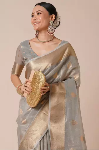 Grey ethnic motifs zari tissue banarasi saree