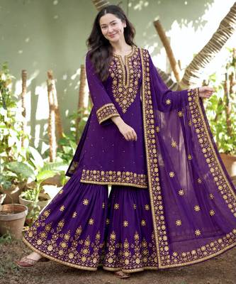 Purple silk blend embroidered sharara set 3