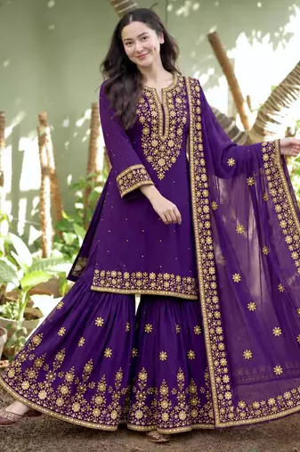 Purple silk blend embroidered sharara set