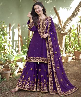 Purple silk blend embroidered sharara set 4