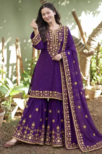 Purple silk blend embroidered sharara set