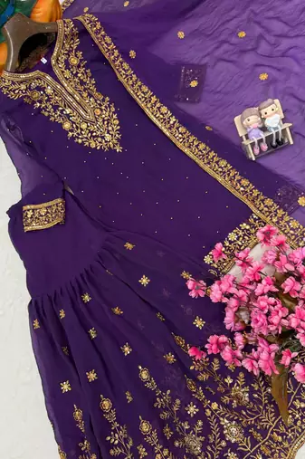 Purple silk blend embroidered sharara set