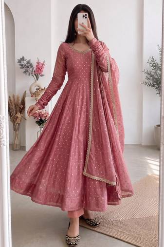 Pink silk blend hand embroidery anarkali set