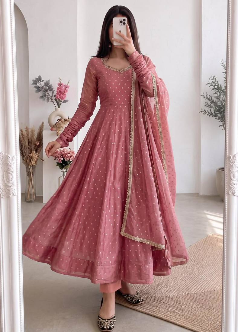 Pink silk blend hand embroidery anarkali set