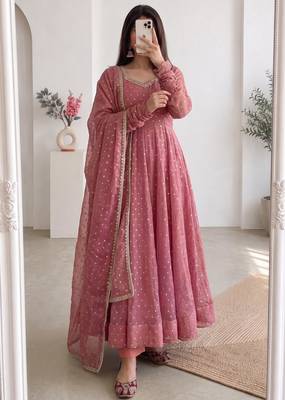 Pink silk blend hand embroidery anarkali set 2