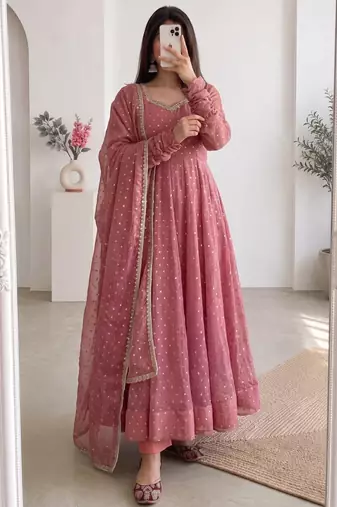 Pink silk blend hand embroidery anarkali set