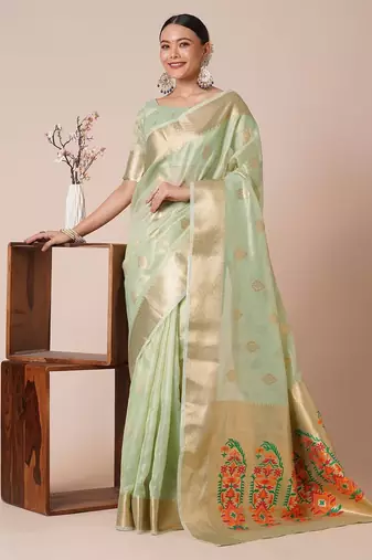 Sea green ethnic motifs woven design zari tissue banarasi saree