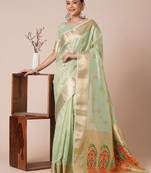 Sea green ethnic motifs woven design zari tissue banarasi saree