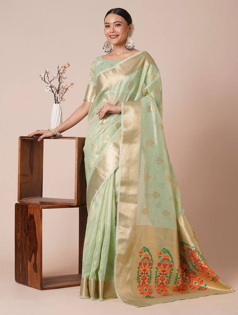 Sea green ethnic motifs woven design zari tissue banarasi saree
