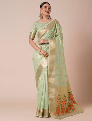 Sea green ethnic motifs woven design zari tissue banarasi saree 2