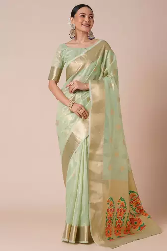 Sea green ethnic motifs woven design zari tissue banarasi saree