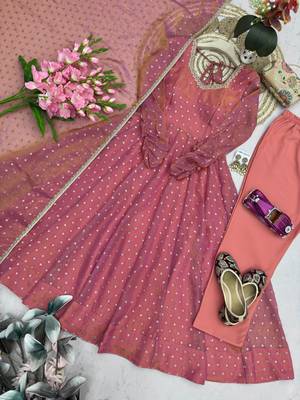 Pink silk blend hand embroidery anarkali set 3