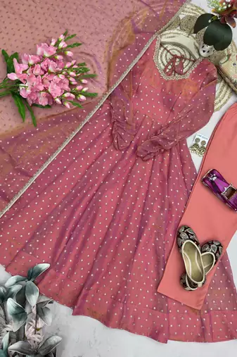 Pink silk blend hand embroidery anarkali set