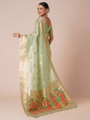 Sea green ethnic motifs woven design zari tissue banarasi saree 3
