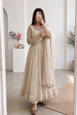 Cream silk blend hand embroidery anarkali set 1