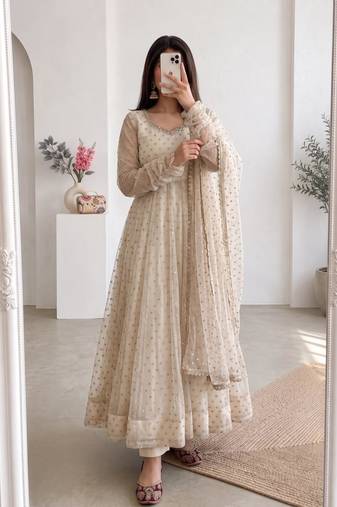 Cream silk blend hand embroidery anarkali set