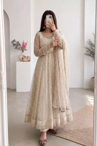 Cream silk blend hand embroidery anarkali set