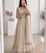 Cream silk blend hand embroidery anarkali set