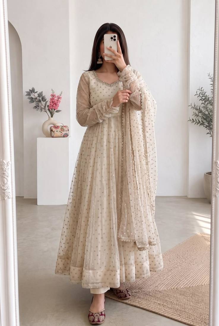 Cream silk blend hand embroidery anarkali set