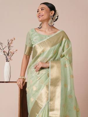 Sea green ethnic motifs woven design zari tissue banarasi saree 4