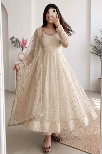 Cream silk blend hand embroidery anarkali set