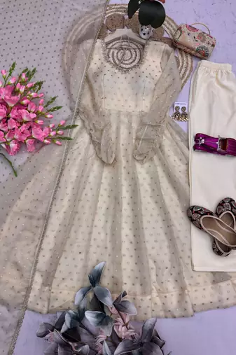 Cream silk blend hand embroidery anarkali set