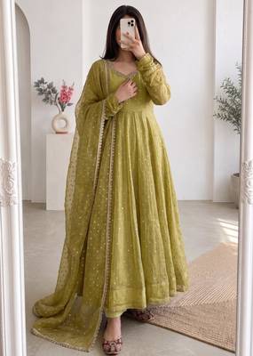 Olive silk blend embroidered anarkali set 1