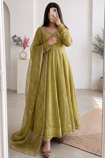 Olive silk blend embroidered anarkali set