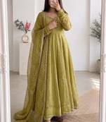 Olive silk blend embroidered anarkali set