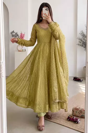 Olive silk blend embroidered anarkali set