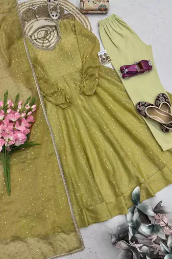 Olive silk blend embroidered anarkali set