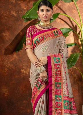 Beige ethnic motifs silk blend saree 1