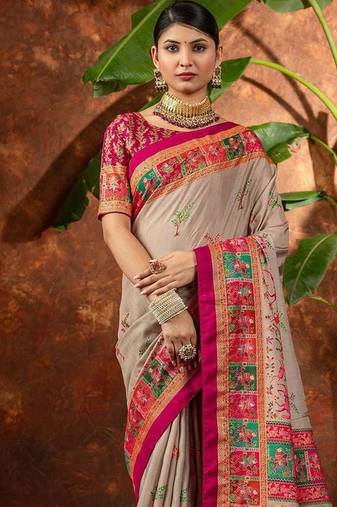 Beige ethnic motifs silk blend saree