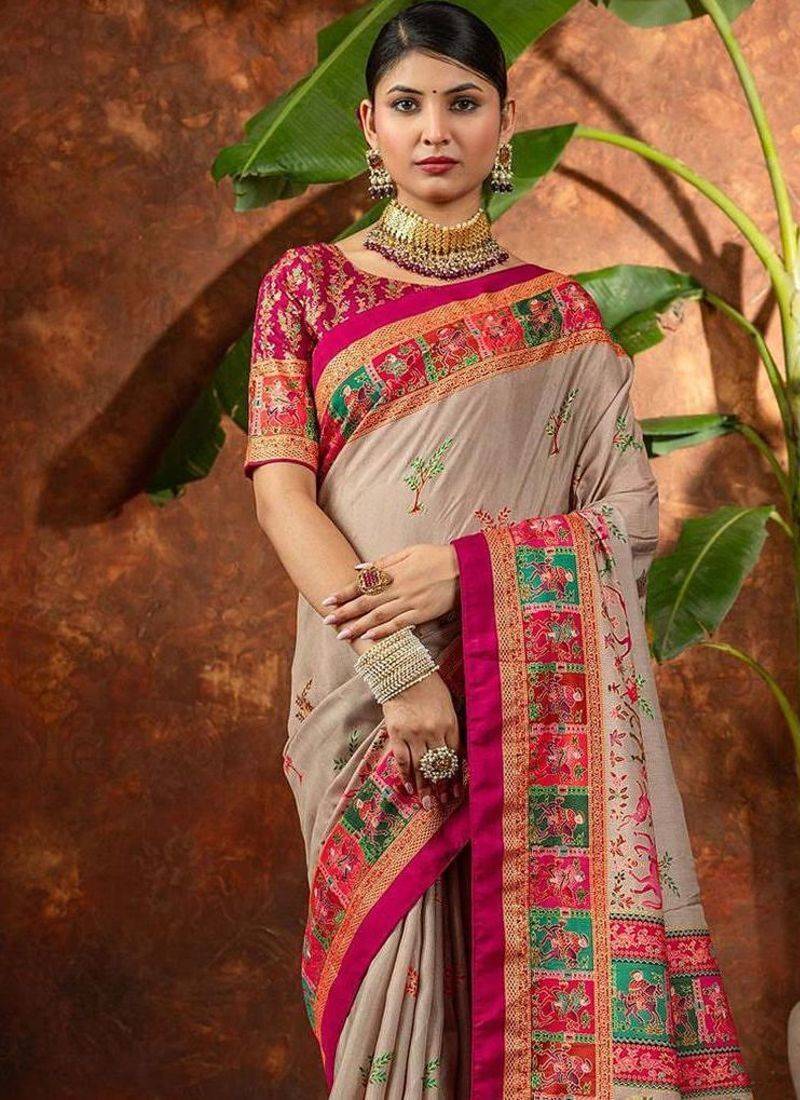 Beige ethnic motifs silk blend saree