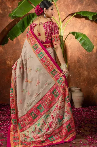 Beige ethnic motifs silk blend saree