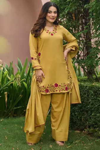 Yellow chanderi embroidered farshi salwar set