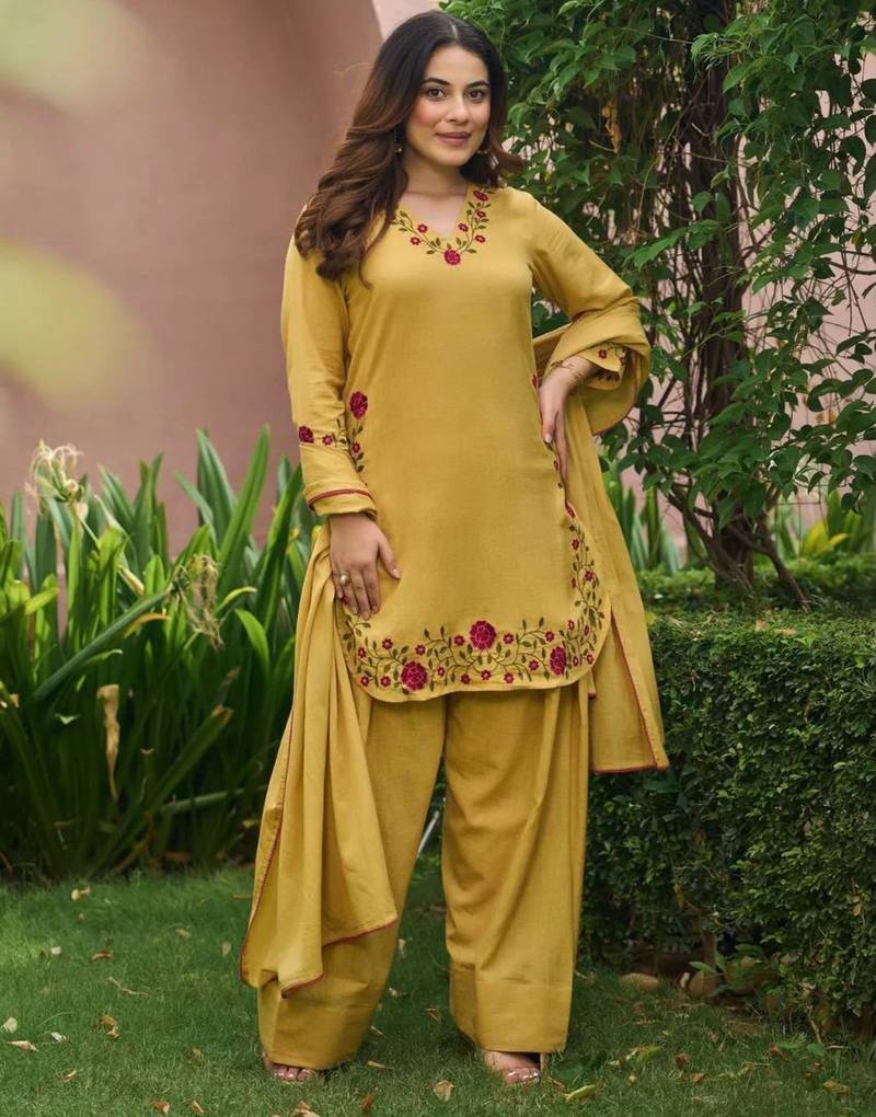Yellow chanderi embroidered farshi salwar set
