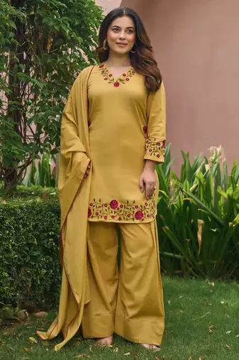 Yellow chanderi embroidered farshi salwar set