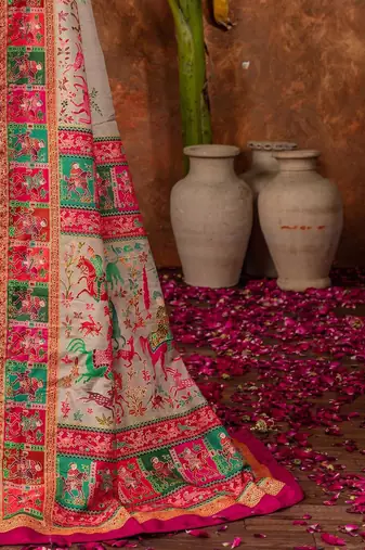 Beige ethnic motifs silk blend saree