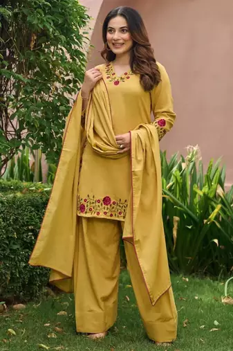 Yellow chanderi embroidered farshi salwar set